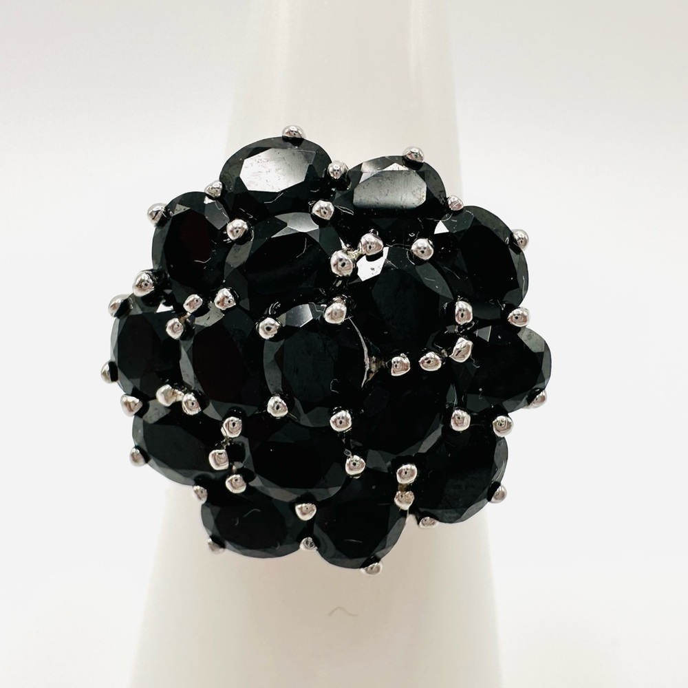 STERLING SILVER 925 Black Gemstone Cluster Ring Quality Construction, Size 6.25